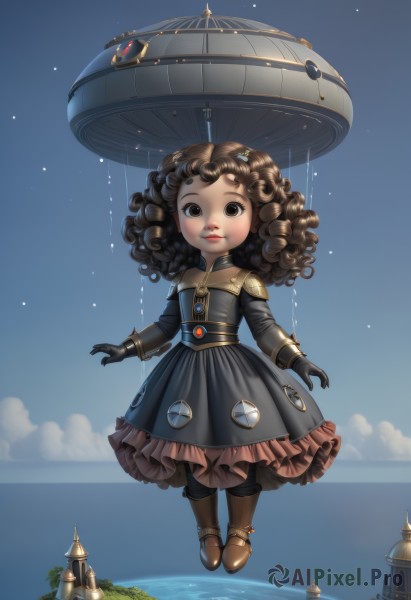 1girl,solo,long hair,looking at viewer,brown hair,gloves,long sleeves,dress,brown eyes,standing,full body,boots,outdoors,frills,sky,black gloves,cloud,water,black dress,lips,night,brown footwear,frilled dress,knee boots,star (sky),night sky,floating,starry sky,curly hair,fantasy,tower,hair ornament,jewelry,flying,shooting star