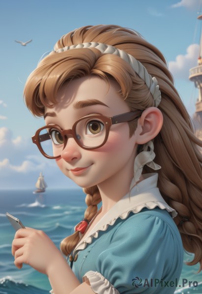 1girl,solo,long hair,looking at viewer,blush,smile,bangs,brown hair,shirt,dress,holding,brown eyes,closed mouth,upper body,braid,short sleeves,hairband,outdoors,frills,sky,glasses,solo focus,day,puffy sleeves,artist name,cloud,water,blurry,twin braids,from side,blue sky,puffy short sleeves,lips,looking to the side,single braid,depth of field,blurry background,blue dress,bird,ocean,watermark,phone,thick eyebrows,cellphone,blue shirt,frilled sleeves,hair over shoulder,web address,side braid,smartphone,freckles,red-framed eyewear,holding phone,realistic,nose,hair tie,watercraft,ship,boat,frilled collar,seagull,deviantart username,brown-framed eyewear,lighthouse,jewelry,semi-rimless eyewear,round eyewear,waves