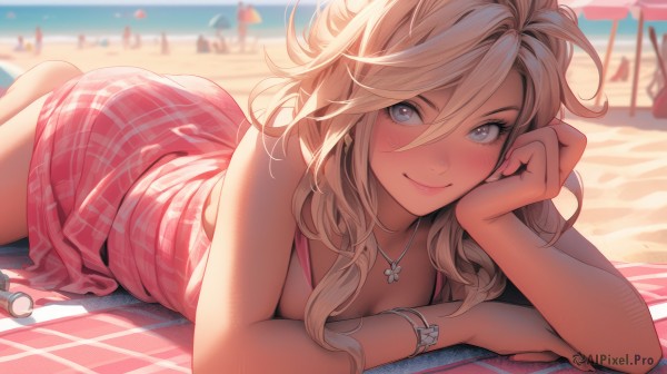 1girl,solo,long hair,breasts,looking at viewer,blush,smile,bangs,blue eyes,blonde hair,dress,cleavage,hair between eyes,bare shoulders,jewelry,medium breasts,closed mouth,swimsuit,ass,bikini,outdoors,lying,barefoot,sleeveless,solo focus,day,water,necklace,blurry,bracelet,lips,grey eyes,plaid,bare arms,bare legs,depth of field,blurry background,ocean,umbrella,beach,on stomach,towel,pink dress,o-ring,head rest,pink lips,sand,pink bikini,bangle,shade,o-ring bikini,beach umbrella,the pose,beach towel,checkered dress,sky,blue sky,wavy hair,sunlight,messy hair,multiple others,shell,elbow rest,people,6+others