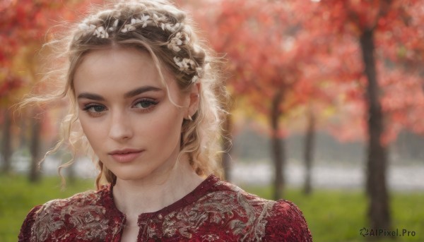 1girl,solo,long hair,looking at viewer,blue eyes,blonde hair,brown hair,hair ornament,closed mouth,braid,flower,outdoors,day,hair flower,blurry,tree,lips,grey eyes,eyelashes,depth of field,blurry background,portrait,nature,realistic,nose,head wreath,dress,grass,veil,freckles,bridal veil,mole on cheek