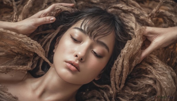 1girl,solo,short hair,bangs,brown hair,black hair,closed mouth,closed eyes,nude,lying,parted lips,on back,lips,fingernails,portrait,facing viewer,freckles,realistic,nose,collarbone,eyelashes,brown theme