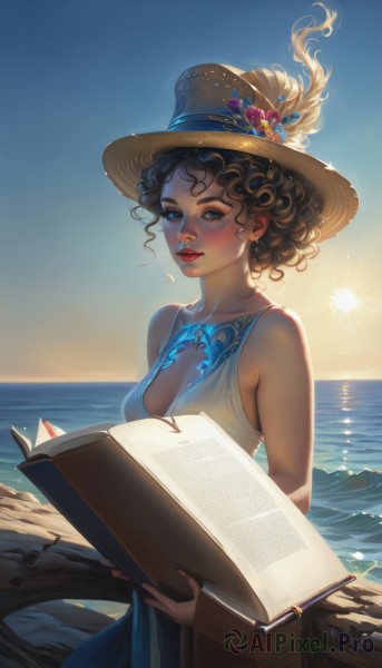 1girl,solo,breasts,looking at viewer,blush,short hair,blue eyes,brown hair,black hair,hat,dress,holding,cleavage,bare shoulders,jewelry,medium breasts,collarbone,upper body,flower,earrings,outdoors,parted lips,sky,sleeveless,day,artist name,water,blue sky,lips,fingernails,book,bare arms,eyelashes,makeup,sleeveless dress,blue dress,glowing,ocean,watermark,beach,sunlight,hat ribbon,feathers,blue ribbon,lipstick,backlighting,freckles,holding book,curly hair,sun hat,sunset,open book,nose,brown headwear,straw hat,sun,horizon,hat flower,red lips,reading,hat feather,bookmark,brown eyes,necklace,nail polish,sunrise