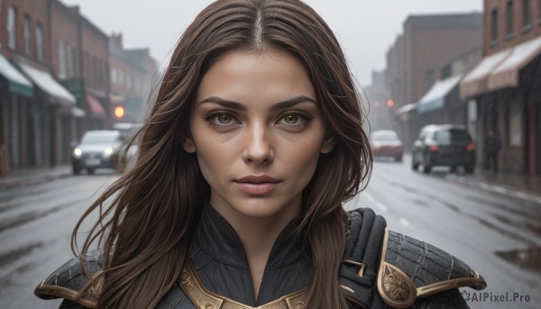 1girl,solo,long hair,looking at viewer,brown hair,brown eyes,closed mouth,outdoors,day,armor,mole,blurry,lips,mole under eye,depth of field,blurry background,ground vehicle,shoulder armor,building,portrait,motor vehicle,freckles,pauldrons,realistic,car,road,street,artist name,makeup,wind,close-up,dirty