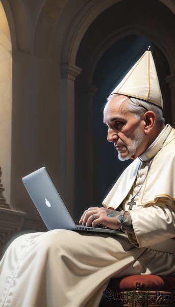 solo,long sleeves,1boy,hat,dress,jewelry,sitting,closed mouth,white hair,grey hair,male focus,parted lips,indoors,from side,profile,capelet,facial hair,white headwear,chair,ring,beard,watch,robe,realistic,mustache,wristwatch,computer,old,old man,laptop,old woman,wrinkled skin,mitre,blue eyes,signature,necklace,lips,tattoo,cross,nose,priest