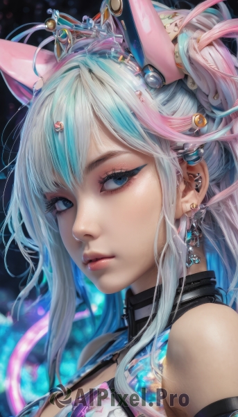 1girl,solo,long hair,breasts,looking at viewer,bangs,blue eyes,hair ornament,animal ears,cleavage,bare shoulders,jewelry,medium breasts,closed mouth,blue hair,upper body,ponytail,pink hair,white hair,multicolored hair,earrings,cat ears,two-tone hair,lips,streaked hair,clothing cutout,eyelashes,aqua hair,makeup,fake animal ears,piercing,ear piercing,portrait,eyeshadow,realistic,nose,twintails,sidelocks,hairclip,virtual youtuber,gradient hair,crown,close-up