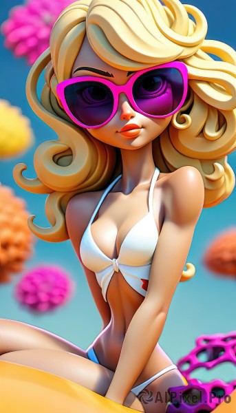 1girl,solo,long hair,breasts,looking at viewer,blonde hair,navel,cleavage,jewelry,medium breasts,sitting,collarbone,swimsuit,bikini,earrings,small breasts,blurry,lips,makeup,chain,white bikini,sunglasses,lipstick,front-tie top,curly hair,tinted eyewear,pink-tinted eyewear,purple-tinted eyewear,blue eyes,bare shoulders,day,one-piece swimsuit,blurry background