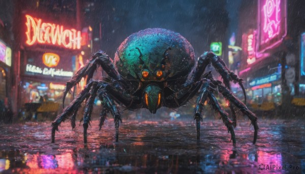 A monster set against the backdrop of a serene rainy outdoors
