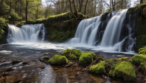 A waterfall surrounded by a lush day