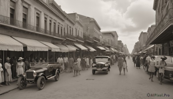 multiple girls,hat,monochrome,greyscale,outdoors,multiple boys,sky,cloud,6+girls,ground vehicle,building,scenery,motor vehicle,6+boys,city,car,road,vehicle focus,street,crowd,people,bag,walking,crosswalk