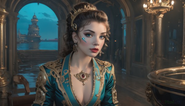 1girl,solo,long hair,breasts,looking at viewer,blue eyes,brown hair,black hair,hair ornament,dress,cleavage,jewelry,medium breasts,collarbone,upper body,earrings,parted lips,sky,artist name,cloud,indoors,water,necklace,hair bun,lips,eyelashes,makeup,night,blue dress,facial mark,moon,tiara,crown,lipstick,gem,night sky,gold trim,wooden floor,realistic,nose,fantasy,railing,red lips,eyeliner,watercraft,architecture,pillar,castle,boat,blue gemstone,mascara,closed mouth,window