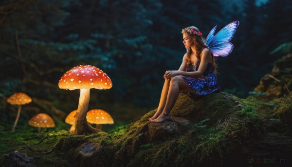 1girl,solo,long hair,breasts,brown hair,hair ornament,dress,cleavage,bare shoulders,medium breasts,sitting,flower,outdoors,wings,barefoot,blurry,tree,strapless,depth of field,blue dress,grass,nature,scenery,strapless dress,forest,minigirl,realistic,fairy wings,fairy,head wreath,mushroom,butterfly wings,moss,black hair,closed eyes,bug,tree stump