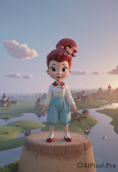 1girl,solo,looking at viewer,blush,smile,short hair,open mouth,brown hair,shirt,hair ornament,long sleeves,standing,full body,white shirt,ponytail,flower,red hair,outdoors,sky,shoes,shorts,socks,pants,cloud,water,black eyes,tree,bird,grass,aged down,high ponytail,white socks,building,red footwear,child,scenery,mary janes,sunset,heart hair ornament,female child,river,topknot,lake,lily pad,pond,brown eyes,teeth,watermark,web address,freckles,reflection,blue pants,castle