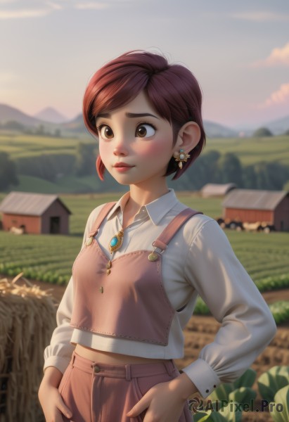 1girl,solo,blush,short hair,bangs,brown hair,shirt,long sleeves,brown eyes,jewelry,closed mouth,standing,white shirt,cowboy shot,earrings,small breasts,outdoors,sky,day,midriff,collared shirt,pants,necklace,blurry,lips,depth of field,blurry background,grass,plant,wing collar,brooch,building,pendant,freckles,hands on hips,nose,overalls,house,breasts,smile,red hair,artist name,buttons,leaf,sunset,realistic,brown pants