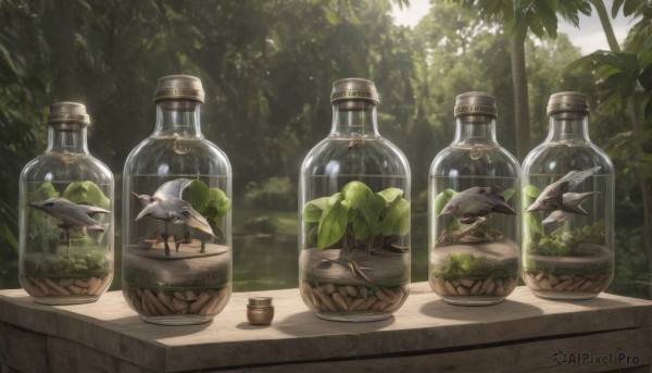 outdoors,day,tree,no humans,bird,animal,leaf,sunlight,bottle,plant,nature,scenery,forest,light rays,fantasy,basket,jar,table,fish,cage