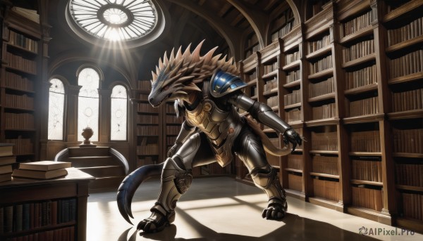 solo,red eyes,1boy,standing,tail,indoors,armor,book,no humans,window,sunlight,sharp teeth,shoulder armor,claws,light rays,bookshelf,full armor,library,male focus,horns,teeth,gauntlets,furry,dragon,book stack