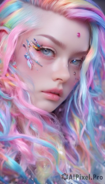 1girl,solo,long hair,looking at viewer,blue eyes,blonde hair,hair ornament,jewelry,closed mouth,blue hair,pink hair,multicolored hair,earrings,artist name,necklace,blurry,lips,grey eyes,eyelashes,makeup,watermark,piercing,gem,portrait,web address,close-up,eyeshadow,freckles,realistic,nose,mascara,parted lips,tears,streaked hair,forehead jewel,pearl (gemstone),rainbow hair