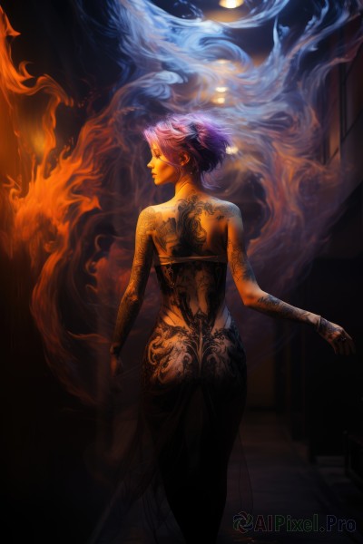 1girl,solo,short hair,dress,bare shoulders,jewelry,standing,purple hair,earrings,looking back,from behind,black dress,bracelet,see-through,tattoo,night,back,moon,fire,walking,arm tattoo,back tattoo,full-body tattoo,pink hair,ass,nude,lips,glowing,topless,nose