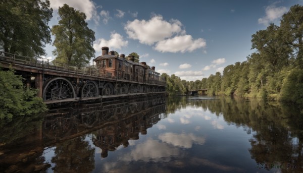 hat,outdoors,sky,day,cloud,water,tree,blue sky,no humans,cloudy sky,grass,ground vehicle,building,nature,scenery,forest,reflection,bridge,train,overgrown,reflective water,window,fantasy