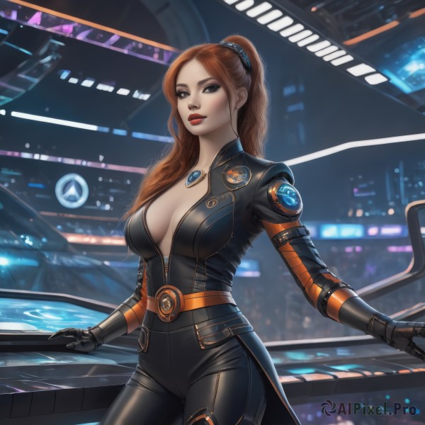 1girl,solo,long hair,breasts,looking at viewer,large breasts,brown hair,gloves,cleavage,brown eyes,jewelry,medium breasts,standing,ponytail,cowboy shot,earrings,black gloves,belt,necklace,lips,bodysuit,makeup,night,lipstick,ground vehicle,motor vehicle,pendant,science fiction,black bodysuit,unzipped,red lips,car,closed mouth,red hair,open clothes,artist name,blurry,grey eyes,no bra,blurry background,breasts apart,skin tight,zipper,realistic,center opening,plunging neckline,full-length zipper,open bodysuit