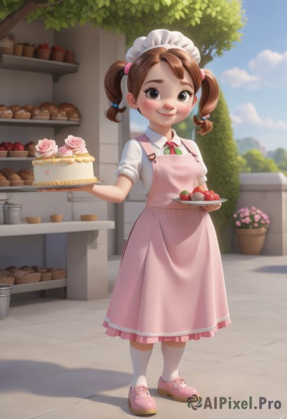 1girl,solo,looking at viewer,blush,smile,short hair,bangs,brown hair,shirt,hair ornament,dress,ribbon,holding,twintails,brown eyes,closed mouth,standing,full body,white shirt,flower,short sleeves,outdoors,food,sky,shoes,day,socks,puffy sleeves,collared shirt,cloud,indoors,medium hair,blurry,black eyes,apron,tree,blue sky,puffy short sleeves,kneehighs,maid headdress,neck ribbon,fruit,blurry background,shadow,rose,hair bobbles,short twintails,white socks,child,pink dress,pink flower,plate,tray,cake,strawberry,pink footwear,female child,holding tray,bread,pink rose,pink apron,pastry,maid