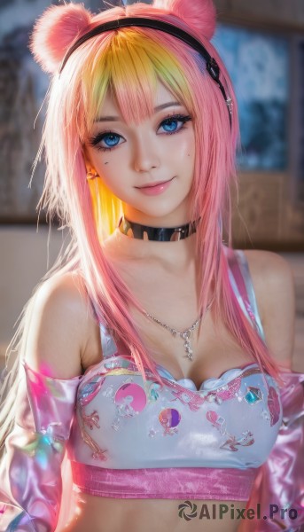 1girl,solo,long hair,breasts,looking at viewer,smile,bangs,blue eyes,blonde hair,animal ears,cleavage,bare shoulders,jewelry,medium breasts,closed mouth,collarbone,upper body,pink hair,multicolored hair,hairband,earrings,detached sleeves,choker,midriff,necklace,mole,blurry,collar,two-tone hair,lips,crop top,mole under eye,gradient hair,makeup,blurry background,fake animal ears,black choker,piercing,cross,black hairband,realistic,mascara,ahoge,indoors,off shoulder,bra,eyelashes,headphones,spikes,sports bra,pink lips,mouse ears