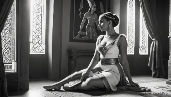 1girl,solo,breasts,dress,cleavage,bare shoulders,jewelry,medium breasts,sitting,closed mouth,collarbone,monochrome,full body,braid,greyscale,earrings,barefoot,indoors,dark skin,hair bun,dark-skinned female,sash,window,sandals,curtains,on floor,yokozuwari,statue,dreadlocks,short hair,necklace,lips,toes,single hair bun