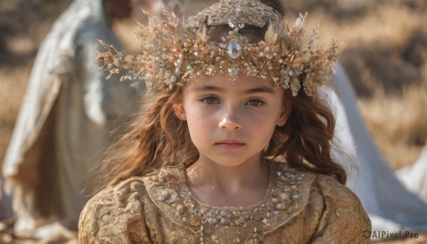 1girl,long hair,looking at viewer,brown hair,hair ornament,dress,brown eyes,jewelry,closed mouth,upper body,solo focus,necklace,blurry,lips,depth of field,blurry background,tiara,crown,gem,portrait,realistic,solo,wings,armor,expressionless,feathers,feathered wings,freckles,angel wings