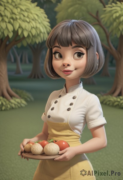 1girl,solo,breasts,looking at viewer,smile,short hair,bangs,skirt,brown hair,shirt,dress,holding,brown eyes,closed mouth,standing,white shirt,short sleeves,cowboy shot,small breasts,outdoors,food,day,artist name,blunt bangs,blurry,tree,lips,buttons,fruit,blurry background,bob cut,grass,nature,plate,forest,tray,freckles,nose,double-breasted,yellow dress,tomato,apron,makeup