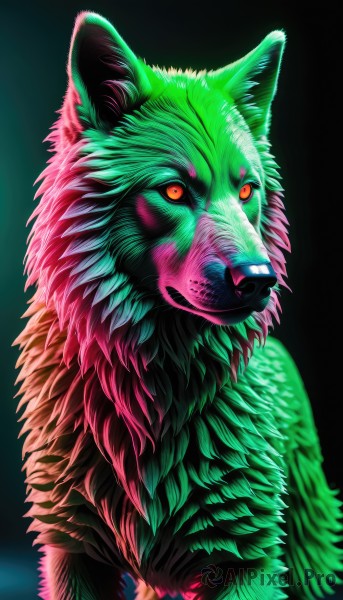 solo,looking at viewer,simple background,closed mouth,yellow eyes,upper body,blurry,orange eyes,no humans,animal,black background,colored sclera,realistic,animal focus,wolf,red eyes,signature,pokemon (creature),watermark,web address,green background