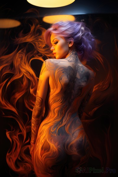 1girl,solo,short hair,blue eyes,jewelry,blue hair,purple hair,ass,nude,cowboy shot,earrings,looking back,from behind,bracelet,lips,tattoo,profile,makeup,back,halo,fire,realistic,nose,stud earrings,back tattoo,full-body tattoo,looking at viewer,glowing