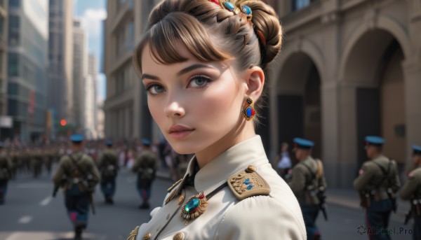 1girl,looking at viewer,short hair,brown hair,shirt,hat,jewelry,white shirt,upper body,weapon,earrings,outdoors,parted lips,multiple boys,solo focus,day,collared shirt,hair bun,blurry,uniform,lips,gun,grey eyes,military,military uniform,makeup,depth of field,blurry background,single hair bun,brooch,building,gem,6+boys,epaulettes,city,realistic,police,crowd,soldier,army,bangs,blue eyes,multiple girls,hair ornament,eyelashes,nose