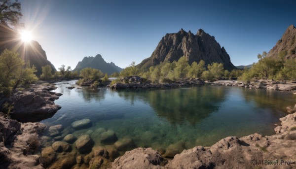 outdoors,sky,day,cloud,water,tree,blue sky,no humans,bird,sunlight,grass,nature,scenery,forest,reflection,rock,mountain,sun,river,landscape,lake,cliff,sunrise,reflective water