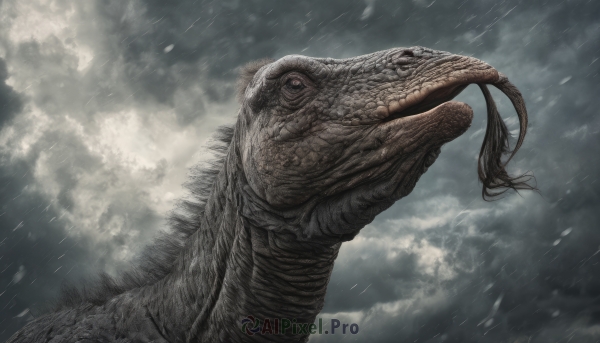 outdoors, sky, teeth, cloud, no humans, animal, cloudy sky, sharp teeth, rain, monster, realistic, scales, grey sky, kaijuu