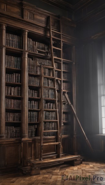 day,indoors,book,no humans,window,chair,sunlight,scenery,light rays,wooden floor,stairs,door,bookshelf,book stack,library,ladder