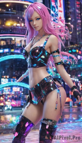 1girl,solo,long hair,breasts,looking at viewer,smile,blue eyes,skirt,hair ornament,thighhighs,gloves,navel,cleavage,bare shoulders,jewelry,medium breasts,underwear,standing,panties,pink hair,shorts,black gloves,midriff,belt,fingerless gloves,necklace,nail polish,blurry,lips,crop top,blurry background,neon lights,bangs,closed mouth,collarbone,flower,multicolored hair,cowboy shot,outdoors,shiny,black thighhighs,hair flower,miniskirt,black skirt,stomach,bracelet,shiny skin,black panties,depth of field,swept bangs,watermark,pantyshot,tank top,light smile,web address,armlet,zipper,contrapposto,shiny clothes,city,realistic,nose,microskirt,bustier