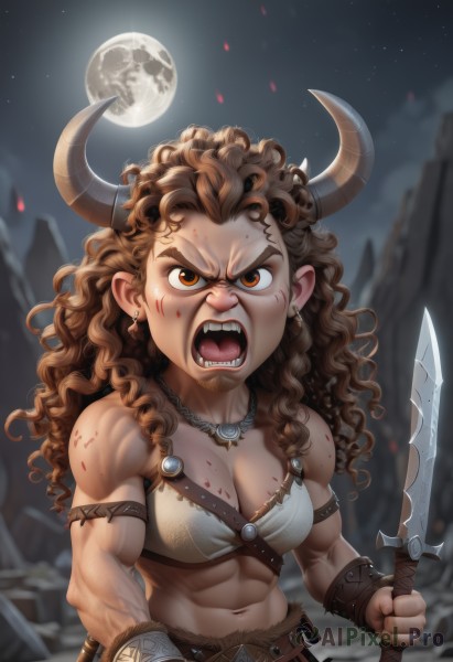 1girl,solo,long hair,breasts,looking at viewer,open mouth,brown hair,navel,holding,cleavage,brown eyes,jewelry,medium breasts,weapon,earrings,outdoors,horns,sky,teeth,pointy ears,midriff,belt,sword,necklace,holding weapon,armor,orange eyes,blood,muscular,night,fangs,wavy hair,abs,moon,thick eyebrows,knife,sharp teeth,messy hair,star (sky),night sky,angry,full moon,veins,curly hair,shield,fantasy,muscular female,facepaint,axe,bikini armor,shouting,tooth necklace,upper body,holding sword,blood on face