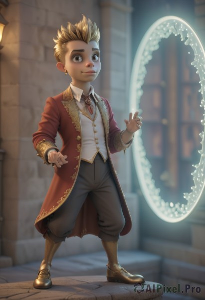 solo,looking at viewer,smile,short hair,blonde hair,1boy,brown eyes,jewelry,standing,full body,male focus,earrings,necktie,pants,blurry,vest,coat,blurry background,brown footwear,spiked hair,child,freckles,fantasy,magic,male child,boots,outdoors,artist name,bracelet,watermark,ring,web address,mohawk,fountain