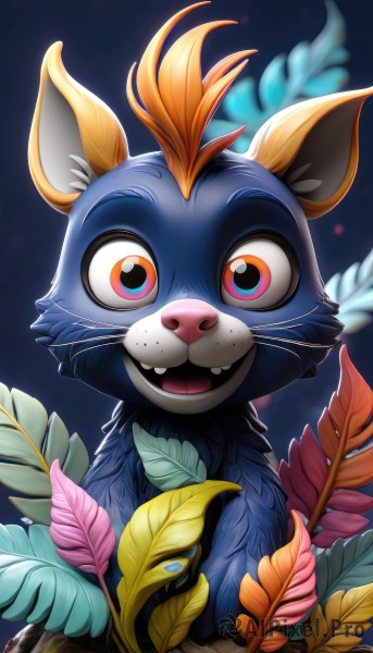 solo,looking at viewer,smile,open mouth,blue eyes,animal ears,:d,teeth,blurry,no humans,animal,leaf,fangs,blue background,feathers,plant,furry,freckles,wide-eyed,multicolored eyes,animal focus,whiskers,buck teeth,red eyes,upper body,artist name,watermark,horror (theme)