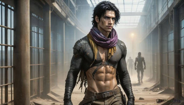 HQ,short hair,blue eyes,black hair,1boy,navel,closed mouth,jacket,male focus,outdoors,multiple boys,solo focus,midriff,belt,pants,2boys,scarf,lips,looking to the side,torn clothes,muscular,scar,abs,pectorals,muscular male,building,cropped jacket,science fiction,realistic,purple scarf,1girl,breasts,looking at viewer,weapon,indoors,armor,mechanical arms,single mechanical arm,prosthetic arm