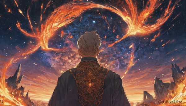 solo,short hair,1boy,upper body,white hair,male focus,outdoors,sky,cloud,from behind,night,back,fire,star (sky),night sky,scenery,starry sky,mountain,dragon,facing away,blonde hair,bird