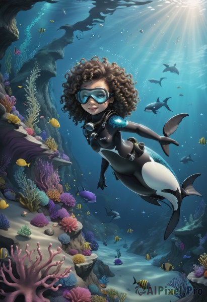 1girl,solo,smile,brown hair,small breasts,dark skin,dark-skinned female,bodysuit,ocean,animal,sunlight,monster girl,goggles,fish,bubble,curly hair,light rays,rock,underwater,air bubble,mermaid,sunbeam,starfish,swimming,shark,diving mask,turtle,dolphin,freediving,coral,snorkel,wetsuit,seaweed,diving,breasts,looking at viewer,short hair,black hair,parted lips,water,lips,shell,very dark skin