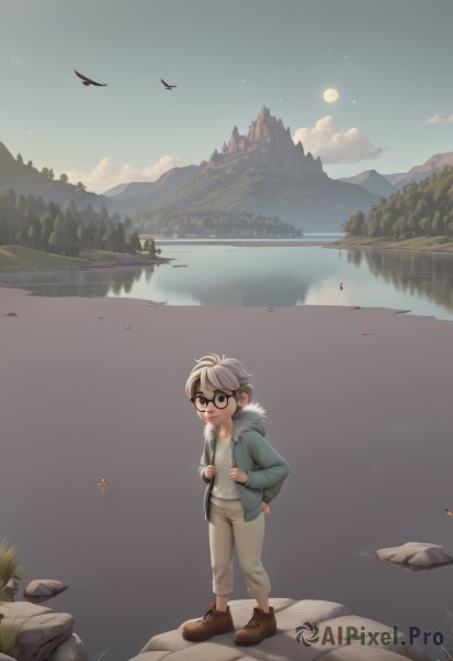 1girl,solo,looking at viewer,smile,short hair,brown hair,shirt,long sleeves,1boy,closed mouth,standing,jacket,white shirt,grey hair,male focus,boots,outdoors,open clothes,sky,shoes,glasses,pants,artist name,cloud,hood,water,bag,black eyes,open jacket,tree,fur trim,night,bird,brown footwear,moon,backpack,hood down,cloudy sky,grass,child,star (sky),nature,night sky,scenery,full moon,forest,reflection,black-framed eyewear,rock,mountain,round eyewear,fur-trimmed jacket,male child,river,holding strap,lake,dragonfly,black hair,full body,white hair,multicolored hair,virtual youtuber,two-tone hair,blue jacket,hooded jacket,green jacket,brown pants