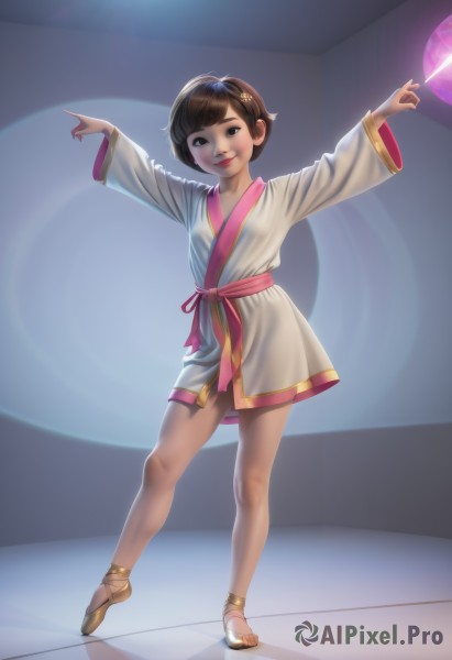 1girl,solo,looking at viewer,smile,short hair,bangs,brown hair,hair ornament,long sleeves,brown eyes,standing,full body,wide sleeves,lips,sash,sandals,pointing,realistic,nose,dancing,orb,watermark,outstretched arms,aged down,energy ball