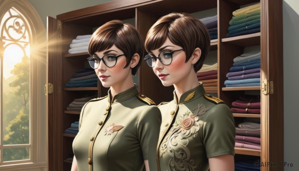 1girl,breasts,blush,smile,short hair,bangs,multiple girls,brown hair,2girls,brown eyes,medium breasts,closed mouth,upper body,short sleeves,glasses,indoors,uniform,tree,lips,grey eyes,book,military,window,military uniform,makeup,swept bangs,sunlight,dual persona,reflection,black-framed eyewear,mirror,bookshelf,book stack,shirt,looking at another,epaulettes,round eyewear,green shirt,medal