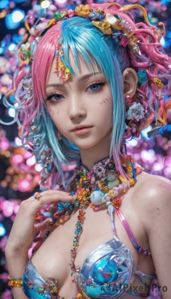 1girl,solo,breasts,looking at viewer,short hair,bangs,blue eyes,hair ornament,cleavage,bare shoulders,jewelry,medium breasts,closed mouth,blue hair,swimsuit,upper body,pink hair,bikini,multicolored hair,earrings,small breasts,hand up,necklace,nail polish,mole,blurry,bracelet,two-tone hair,lips,fingernails,eyelashes,aqua hair,gradient hair,makeup,depth of field,blurry background,ring,gem,bikini top only,blue bikini,eyeshadow,blue nails,freckles,beads,pink lips,realistic,nose,bokeh,mascara,hair beads,flower,heart,sidelocks,parted lips,shiny,artist name,hair flower,star (symbol),bird,watermark,facial mark,piercing,light particles,pink nails,pearl (gemstone),nail art