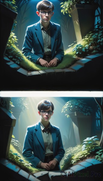 solo,looking at viewer,short hair,blue eyes,brown hair,shirt,black hair,long sleeves,1boy,bow,jacket,white shirt,male focus,glasses,bowtie,tree,lips,formal,own hands together,suit,plant,blue jacket,black bowtie,1girl,bangs,brown eyes,sitting,closed mouth,comic,outdoors,parted lips,collared shirt,dress shirt,multiple views,night,parody,sunlight,lipstick,potted plant,bush