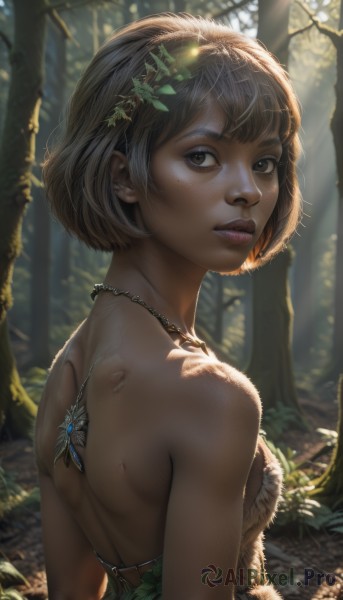 1girl,solo,breasts,looking at viewer,short hair,bangs,brown hair,hair ornament,bare shoulders,brown eyes,jewelry,upper body,small breasts,outdoors,parted lips,teeth,day,looking back,artist name,necklace,from behind,blurry,tree,lips,leaf,back,sunlight,bob cut,plant,nature,forest,backlighting,freckles,realistic,nose,bare back,dappled sunlight,tribal,dress,earrings,fur trim,tattoo,bug,butterfly,shoulder blades