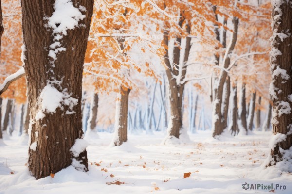 outdoors,day,tree,no humans,leaf,nature,scenery,snow,forest,snowing,autumn leaves,maple leaf,winter,bare tree,autumn,1girl,solo