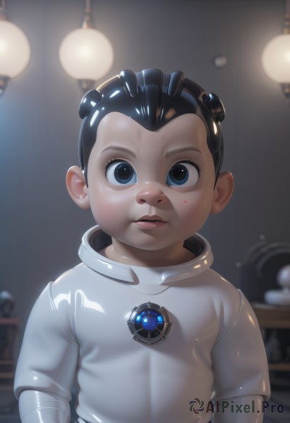 solo,looking at viewer,short hair,blue eyes,black hair,1boy,upper body,male focus,parted lips,shiny,indoors,blurry,black eyes,lips,blurry background,child,science fiction,realistic,male child,nose,spacesuit,light bulb