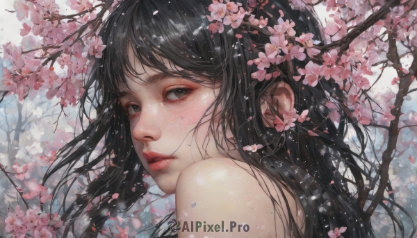 1girl, solo, long hair, looking at viewer, bangs, black hair, bare shoulders, brown eyes, upper body, flower, parted lips, looking back, from side, lips, petals, cherry blossoms, portrait, realistic, nose, branch